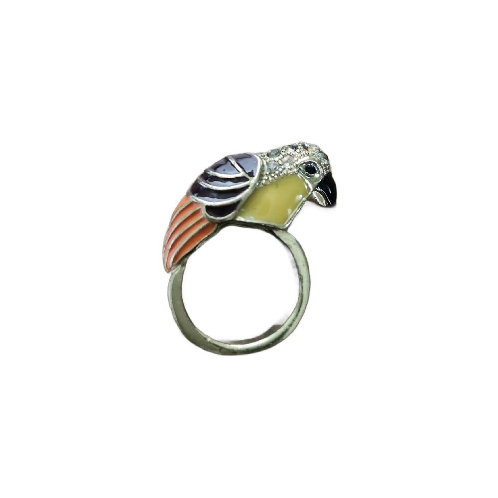 Vintage Enamel PARROT Ring with Rhinestones, Size 8.25, 1980s